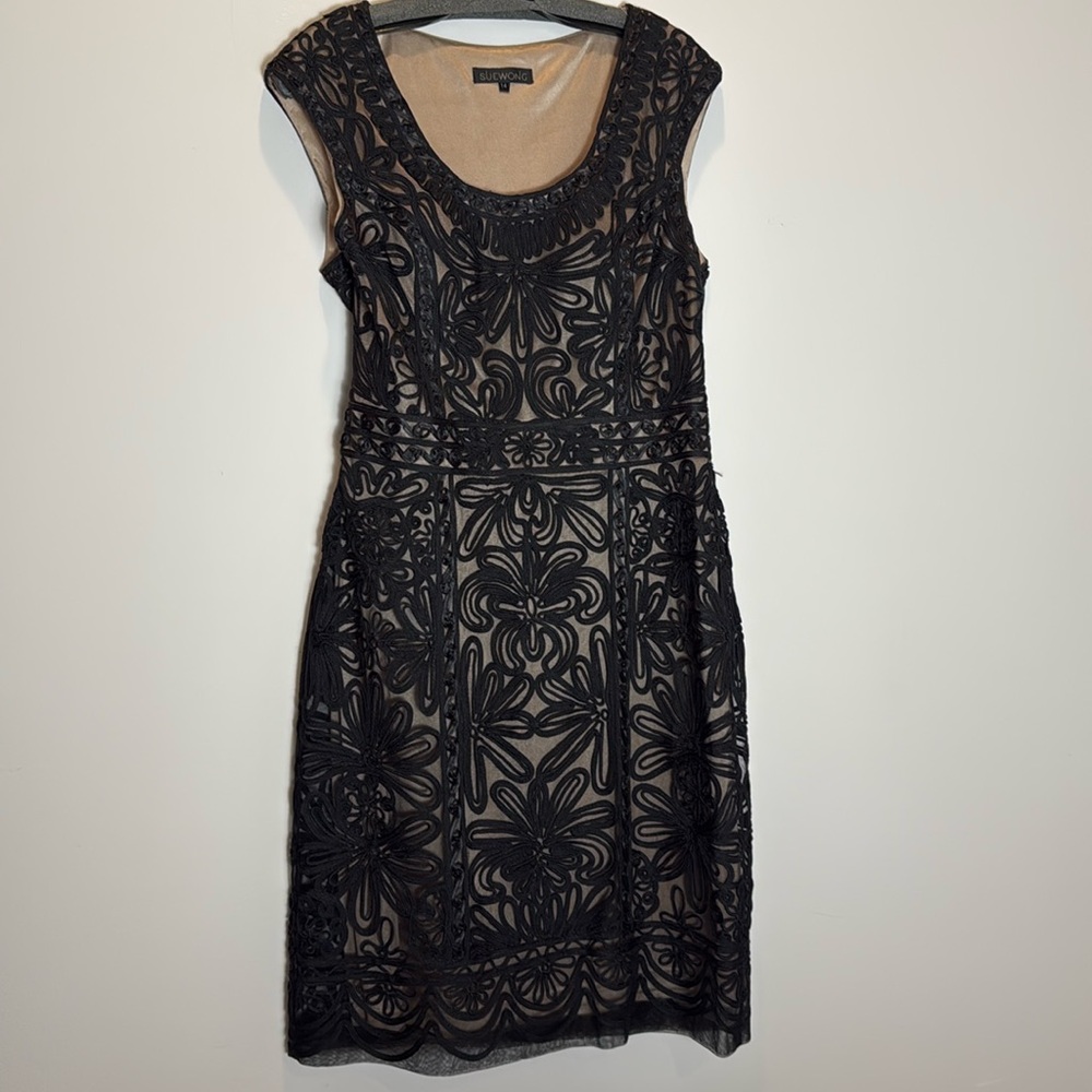 Sue Wong black beige illusion silk lace party cocktail dress size 14